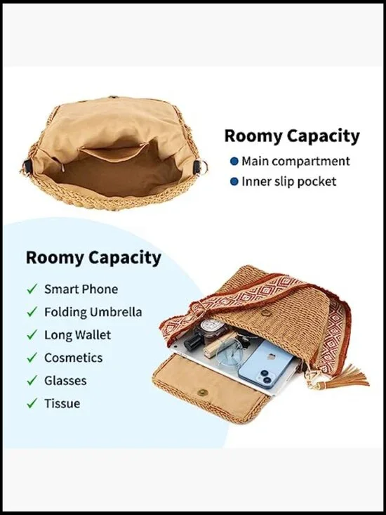 Straw Braided Crossbody Bag Boho Chic Summer Beach Handbag Adjustable Strap - Picture 6 of 6